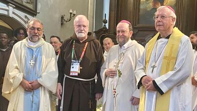 Bishop Paulo Martinelli and Bishop Paul Hinder (extreme right) in Lisbon at the World Youth Day event addressed by Pope Francis. Photo: Apostolic Vicariate of Southern Arabia