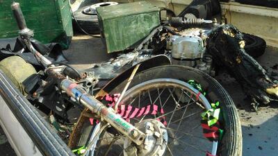 The motorcycle allegedly used in a suicide bomb attack near a mosque in the regime stronghold of Latakia on June 2, 2016 is shown in this photo released by Syria's official Sana news agency. Sana/HO/AFP