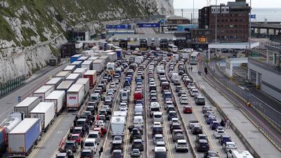 Cars and lorries queue for English Channel crossings at the port of Dover in Kent. PA