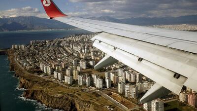 A Turkish Airlines Boeing 737-800 aircraft approaches to land at Antalya International airport in the Mediterranean resort city of Antalya, Turkey. The plane lessor SMBC says aviation markets in Turkey and South America are stabilising. Murad Sezer / Reuters