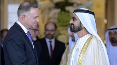 Sheikh Mohammed bin Rashid, Vice President and Ruler of Dubai, meets Polish President Andrzej Duda on Wednesday. Photo: @MBRTwitter