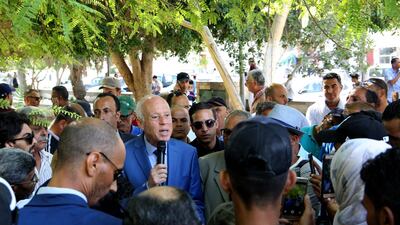 Tunisian presidential candidate Kais Saied speaks to a crowd in the central Tunisian city of Gafsa ahead of the upcoming elections. AFP