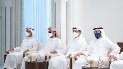 R-L, Sheikh Abdullah bin Zayed, Sheikh Mansour bin Zayed , Sheikh Tahnoun bin Zayed and Lt Gen Sheikh Saif bin Zayed at Al Shati Palace. Rashed Al Mansoori / Ministry of Presidential Affairs