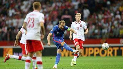 Harry Kane of England scores in the 72nd minute of their World Cup qualifying clash with Poland on Wednesday in Warsaw. Reuters