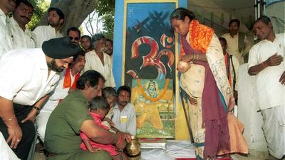 FIle picture from 2009 of Hindu activists in Orissa 'reconverting' Christians in Orissa in ceremonies which are named 'homecoming ceremonies' by the Hindu leaders who believe they are returning to their original faith. Shaikh Azizur Rahman for The National