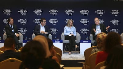 From left: Yann Zopf of World Economic Forum, Selim Eddé of Google, Patricia McCall on Insead and Bruno Lanvin of Insead during the launch of the Mena Talent Competitiveness Index report. Salah Malkawi for The National
