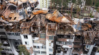 A residential area destroyed by Russian shelling in Irpin, near Kyiv. Russia's military offensive in Ukraine has plunged the latter into a deep economic and societal crisis. AP