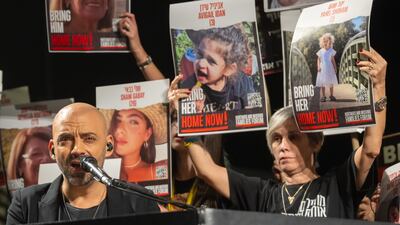 Israeli singer Idan Raichel performs during a rally with the families of hostages demanding that Israeli Prime Minister Benjamin Netanyahu secure their release. Getty Images