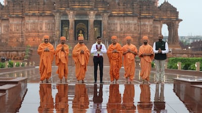 Hindu priests from the BAPS Swaminaryan Sanstha with British Prime Minister Rishi Sunak at the Swaminarayan Akshardham temple. Photo: BAPS