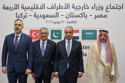 The foreign ministers of Egypt, Turkey, Saudi Arabia and Pakistan in Cairo. Reuters