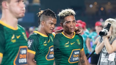 Dewald Human of South Africa (center) at the South Africa vs Argentina World Series Men’s Finals at Dubai Sevens. Ruel Pableo for The National