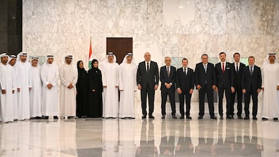 Dr Thani Al Zeyoudi, Minister of Foreign Trade, and Lebanese President Joseph Aoun held talks during the business forum in Beirut. Photo: Wam