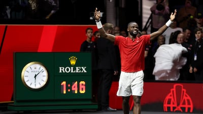 Frances Tiafoe celebrates beating Stefanos Tsitsipas at the Laver Cup. Getty
