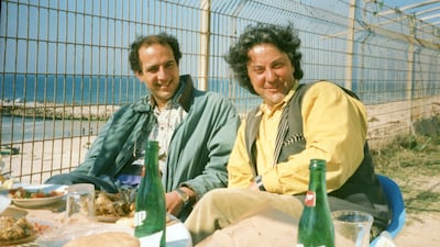 Omar Al Qattan with director Michel Khleifi, during the filming of The Tale of the Three Jewels, Occupied Gaza Strip, Palestine, 1994. Courtesy Omar Al Qattan