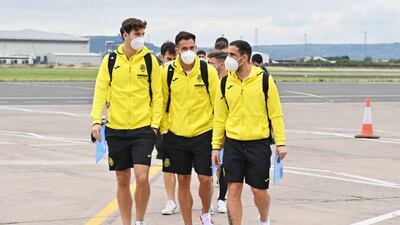 Pau Torres, Mario Gaspar and Paco Alcacer of Villarreal arrive in Belfast.