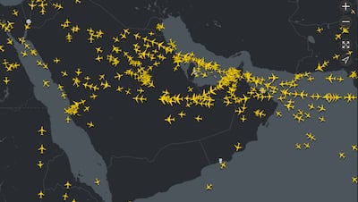 The skies above the Arabian Peninsula at 8.45am on July 14. Image via Flightradar24.com