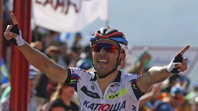 Katusha team cyclist Joaquim Rodriguez shown as he wins the 15th stage of the Vuelta a Espana on Sunday, Javier Lizon / EPA / September 6, 2015