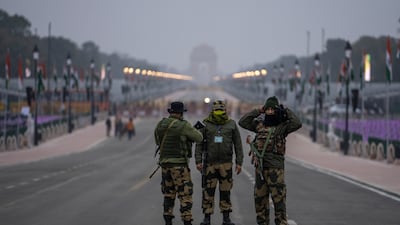 Paramilitary soldiers near a police barricade on Rajpath, in New Delhi, India, in January, 2022. AP Photo