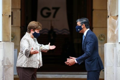 Rishi Sunak speaks with Kristalina Georgieva, managing director of the International Monetary Fund. Bloomberg
