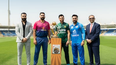 The three captains, Muhammad Waseem, Salman Agha and Rashid Khan, pose with sponsors at Thursday's launch. Photo: Emirates Cricket Board