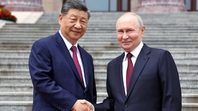 Mr Putin and Mr Xi at the Great Hall of the People. Mr Putin's trip to China follows visits by US President Donald Trump and Iranian Foreign Minister Abbas Araghchi. Reuters