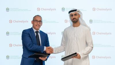 Omar Al Olama, Minister of AI, Digital Economy and Remote Work Applications and Bas Lemmens, of Chainalysis, during the signing ceremony. Photo: Ministry of AI, Digital Economy and Remote Work Applications