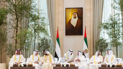 President Sheikh Mohamed; Sheikh Mohammed bin Rashid, Vice President, Prime Minister and Ruler of Dubai; Sheikh Dr Sultan bin Muhammad Al Qasimi, Ruler of Sharjah; Sheikh Hamad bin Mohammed Al Sharqi, Ruler of Fujairah; Sheikh Saud bin Rashid Al Mualla, Ruler of Umm Al Quwain; Sheikh Saud bin Saqr Al Qasimi, Ruler of Ras Al Khaimah; and Sheikh Ammar bin Humaid Al Nuaimi, Crown Prince of Ajman, at the Eid Al Adha gathering.