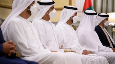 Dr Sultan Al Jaber, Minister of Industry and Advanced Technology; Ali Al Shamsi, deputy secretary general of the Supreme National Security Council; Sheikh Mohammed bin Hamad, Adviser for Special Affairs at the Presidential Court; Sheikh Zayed bin Mohamed; and Sheikh Mansour bin Zayed, Deputy Prime Minister and Minister of Presidential Affairs, attend a meeting with Ms Sakellaropoulou.
