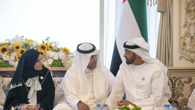 Sheikh Mohammed bin Zayed, Crown Prince of Abu Dhabi and Deputy Supreme Commander of the UAE Armed Forces, receives Dr Mishaal bin Fahm Al Salami, Speaker of the Arab Parliament, during a Sea Palace barza. Seen with Dr Amal Abdullah Al Qubaisi, Speaker of the Federal National Council (FNC). Courtesy Crown Prince Court - Abu Dhabi ---