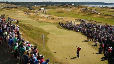 Patrick Reed hits his tee shot on the sixth hole. Ezra Shaw / Getty Images / June 20, 2015