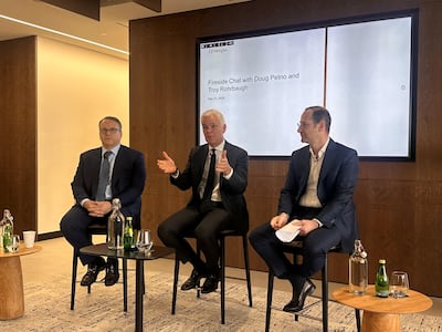 Doug Petno, middle, with co-chief executive Troy Rohrbaugh, right, in conversation with JP Morgan senior country officer for Mena Khaled Hobballah during their recent visit to the Middle East. Photo: JP Morgan