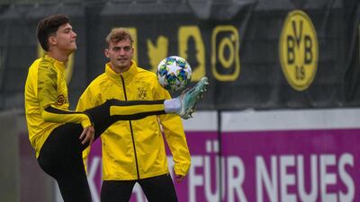 Dortmund's players take part in a training session on the eve of the UEFA Champions League Group F football match between Borussia Dortmund and Barcelona in Dortmund, western Germany, on September 16, 2019. / AFP / SASCHA SCHUERMANN