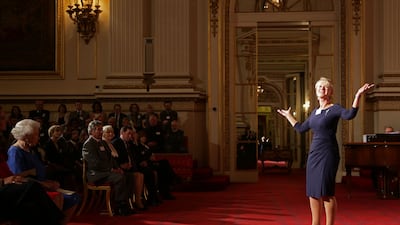 Queen Elizabeth watches Dame Helen Mirren perform a speech from Shakespeare's 'The Tempest'. Getty