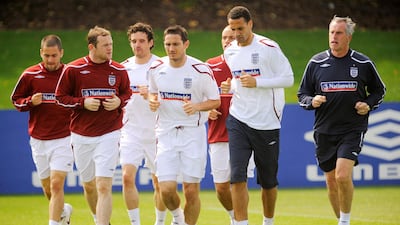 In this May 24, 2008 file photo England players during training , Rio Ferdinand , Wayne Rooney and Frank Lampard and coach Ray Clemence. Reuters