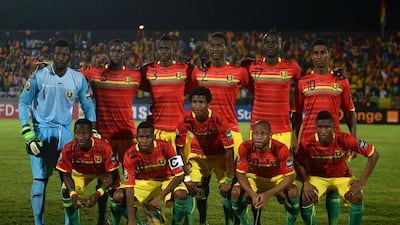 The Guinea squd line-up before their game against mali. After drawing lots, they have progressed to the African Cup of Nations quarter-finals. Khaled / Desouki