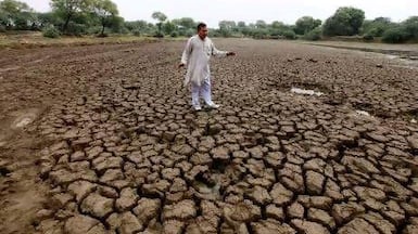 Cane and rice farmer Satyavan Narwal at a dried-up pond bed in Kathura village, Haryana, India.