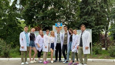 Lykhasenko, fourth from left, with other medical students before the Russian invasion. Photo: Oleksandra Lykhasenko