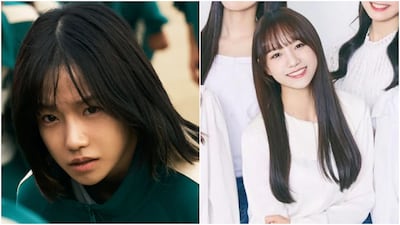 Jo Yuri as Junhee in Squid Game and during her time in IZ*ONE. Photo: Netflix; Swing Entertainment