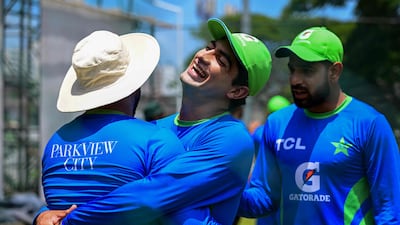 Pakistan's Naseem Shah, centre, during training in Colombo on Saturday, September 9, 2023. AFP