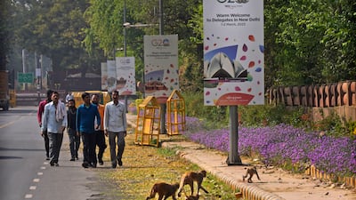 A row of welcome banners for delegates of the G20 foreign ministers' meeting, in New Delhi, India. AP