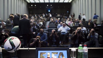 Journalists gather for a press conference at the Fifa headquarters in Zurich, Switzerland, on Wednesday after the Swiss Federal Office of Justice said six football officials have been arrested and detained pending extradition at the request of US authorities. Ennio Leanza / EPA / May 27, 2015