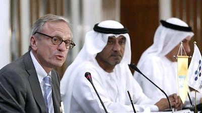 From left to right: Werner Brandt, the chief financial officer and an executive board member at S&P, Sheikh Ahmed bin Saeed Al Maktoum, the chairman of Dubai Silicon Oasis Authority, and Mohammed Al Zarooni, the vice president and chief executive of of Dubai Silicon Oasis. Antoine Robertson / The National