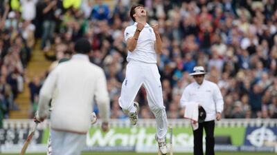 Steven Finn celebrates dismissing Australia’s Steve Smith at Edgbaston yesterday. The England fast bowler took the fifth five-wicket haul of his Test career. Philip Brown / Reuters