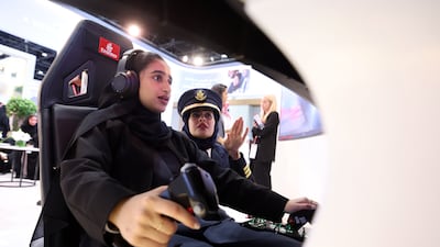 A flight simulator at the Emirates booth