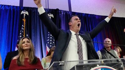 Oklahoma Governor Kevin Stitt celebrates his re-election, at a Republican Party watch party in Oklahoma City. AP