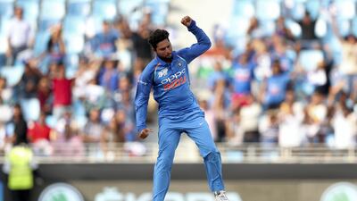 India leg-spinner Kuldeep Yadav takes the wicket of Pakistan opener Fakhar Zaman. Chris Whiteoak / The National