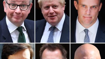 The six contenders left in the race for leader of the Conservative party (top L-R) Britain's Environment, Food and Rural Affairs Secretary Michael Gove, former foreign secretary Boris Johnson, Former Brexit Secretary Dominic Raab (bottom L-R) Britain's International Development Secretary Rory Stewart, Britain's Foreign Secretary Jeremy Hunt and Britain's Home Secretary Sajid Javid. AFP
