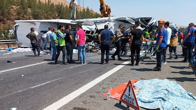 Emergency responders get to work after a bus crash between Gaziantep and Nizip in Turkey. Reuters