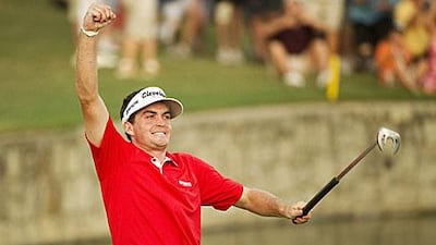 Keegan Bradley, a rookie on the US PGA tour, celebrates clinching the US PGA Championship after sinking his putt on the final play-off hole at the Atlanta Athletic Club.