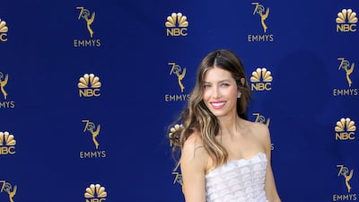 Jessica Biel wears Ralph & Russo to the 2018 Primetime Emmy Awards. EPA